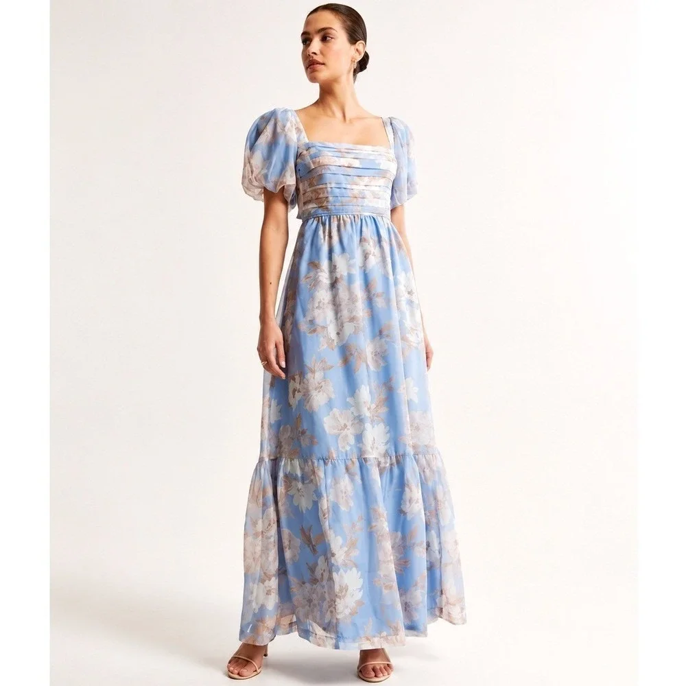Abercrombie & Fitch Emerson Drama Bow Back Maxi Dress Blue Floral Print Medium